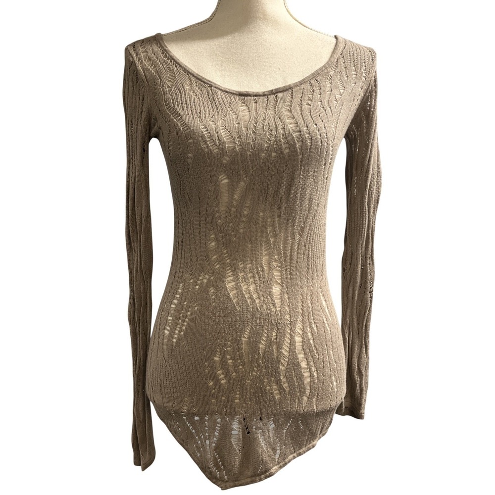 Express Y2K Sweater Brown Open‎ Knit Long Fitted Sheer Pullover Size S Preppy